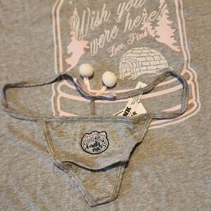 PINK VS Powder Puff Apres Ski Lodge Thong/Panties Gray and Pink. Size: M
